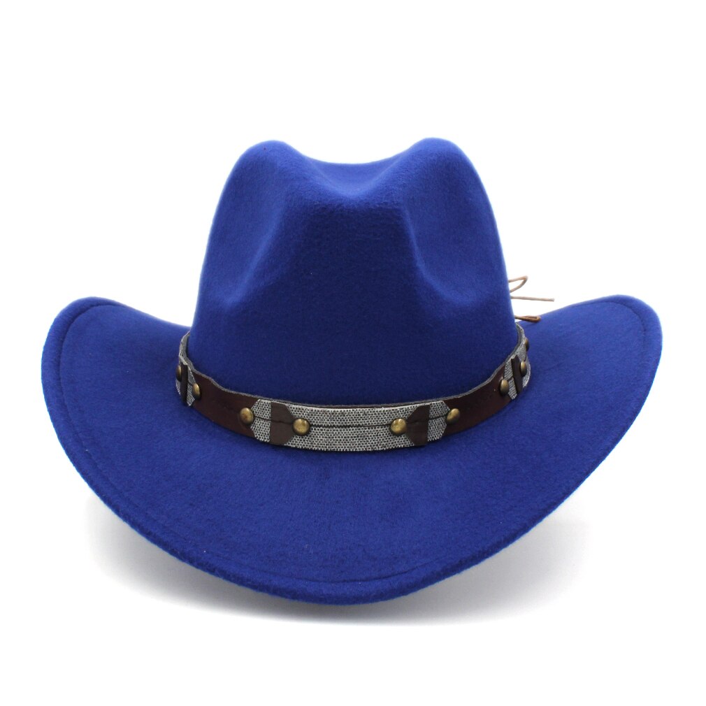 Mistdawn-Sombrero de vaquero occidental clásico Retro Unisex, gorra de ala ancha con banda de cuero, tamaño 56-58cm: Azul