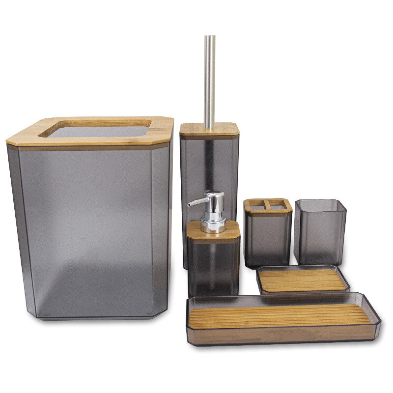 Bamboe Badkamer Accessoires Set Plastic Badkamer Kit Zeep Dispenser, Tandenborstel Beker, Zeepbakje, Toiletborstel Houder, prullenbak: Gray 7pcs A