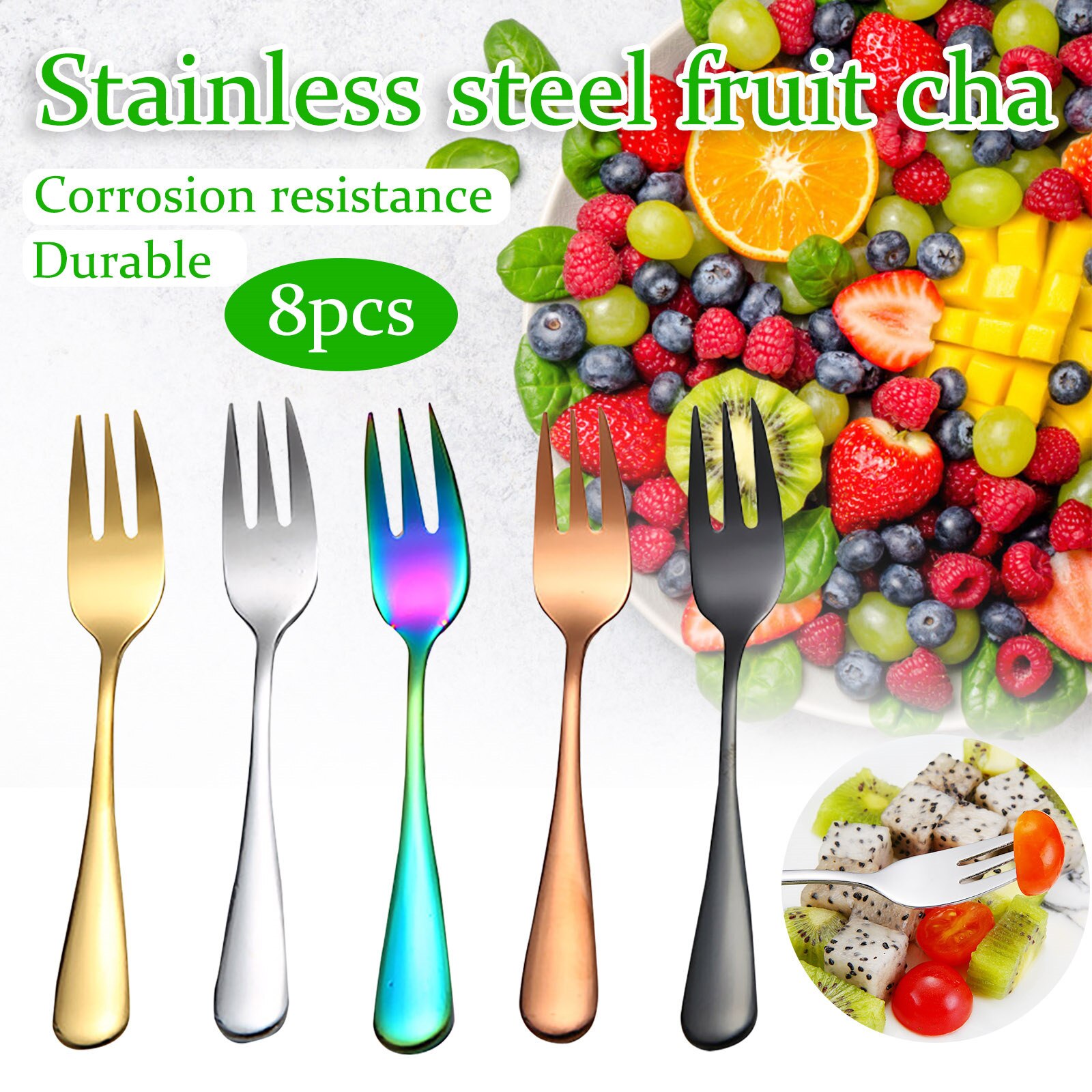 8Pc Fruit Vork Roestvrij Staal Ijs Cake Vorken Zwarte Goud Kleurrijke Thee Vork Servies Set Party Restaurant Benodigdheden