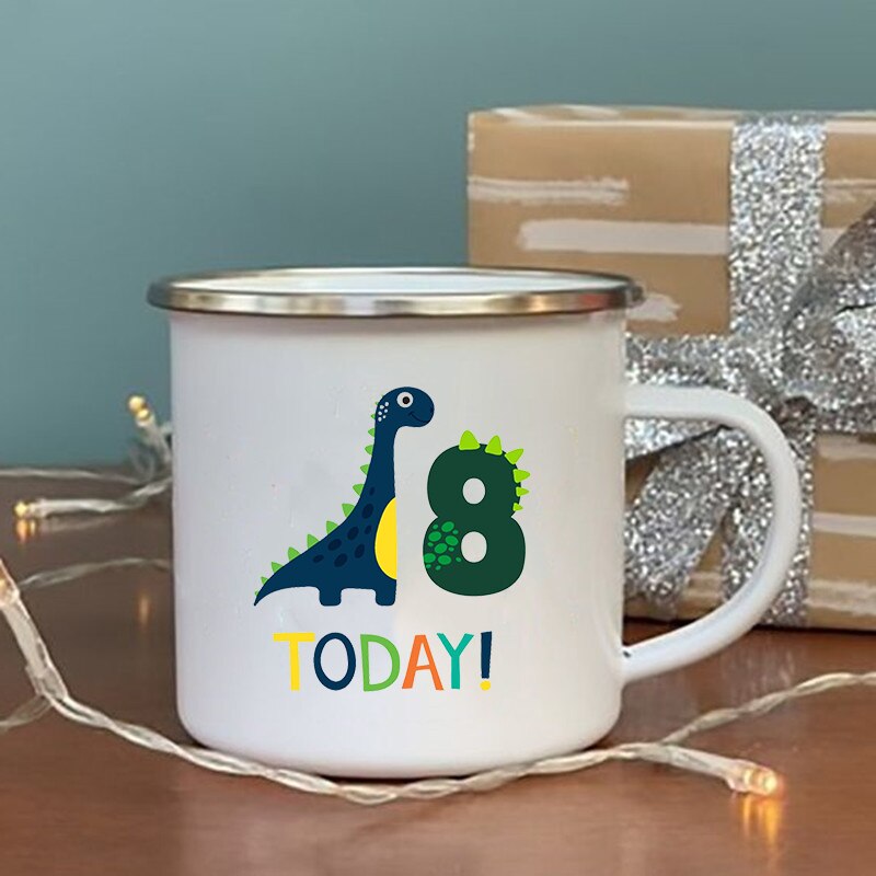 Dinosaurier Geburtstag Anzahl Drucken Becher Kreative Wasser Saft Tasse Trinken Nachtisch Milch Emaille Becher Griff Getränk freundlicher Geburtstag: XH2300-A015WH-8