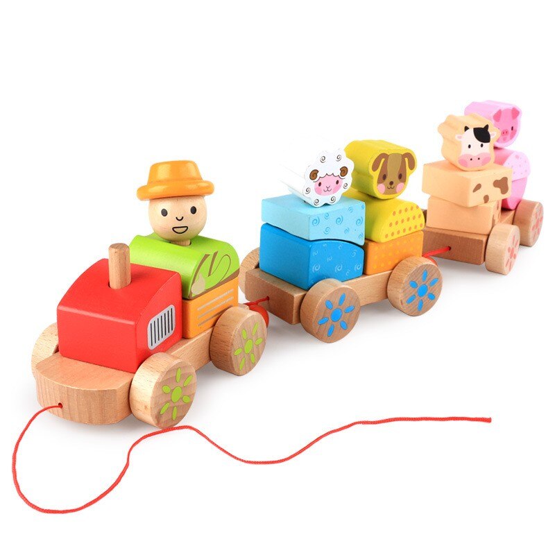 Children's Wooden Building Blocks tractor farm animals three small trains infants early childhood cognitive learning toys