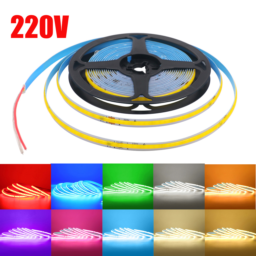 Led-stripe cob 220v høy lysstyrke 5m 10m 20m 50m fleksibel lysbånd med ic-likeretter 230v 240v ac 240 led/m lineær belysning