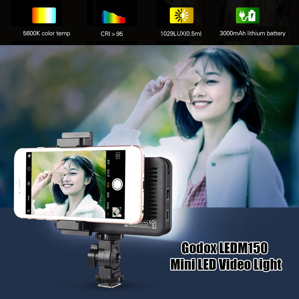 Godox LEDM150 Mini LED Video Light 5600K Dimmable Photography Fill-in Light with Adjustable Phone Mounting Bracket for DSLR Cam