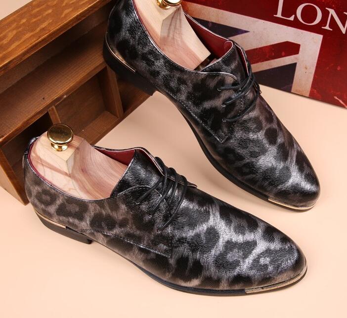 Zapatos de vestir informales Punk para hombre, calzado de punta puntiaguda con estampado de leopardo, zapatos de boda a la novedosa del Reino Unido, color amarillo, británico,: Black / 7.5