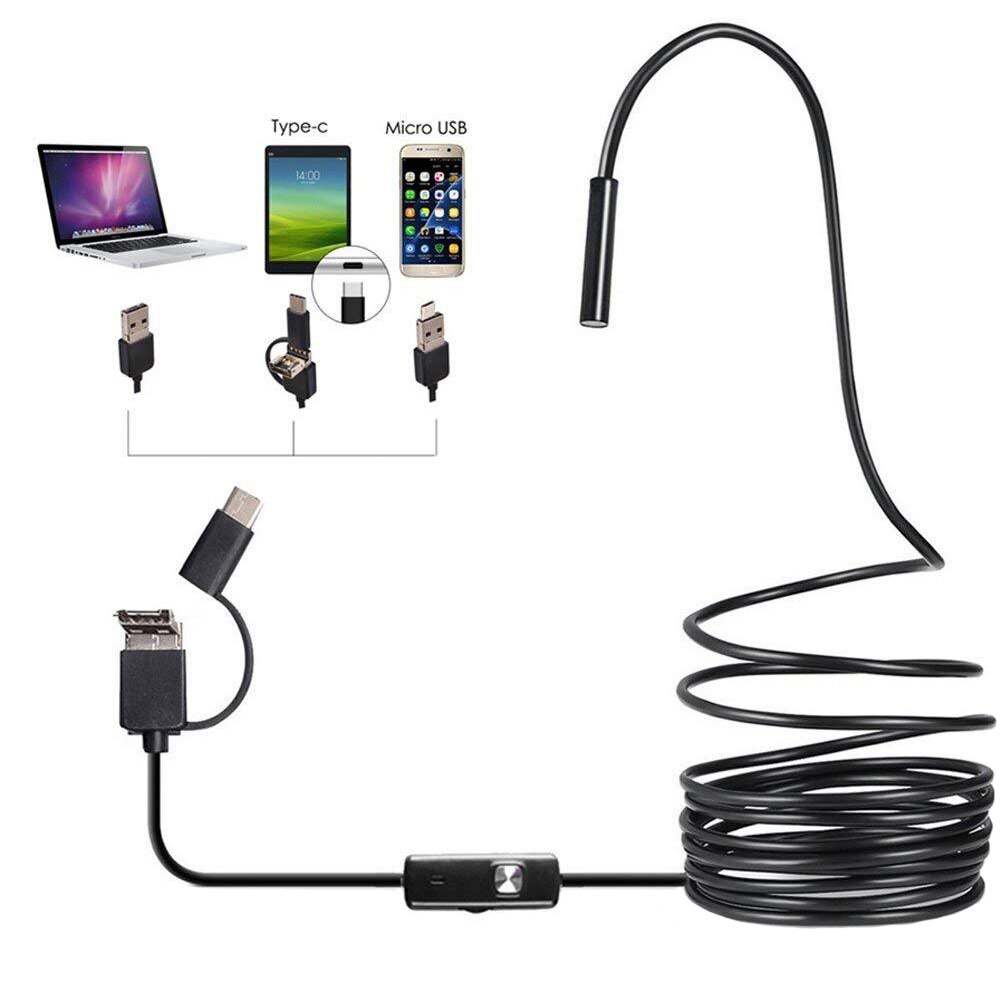 Endoskop 3 in1 inspektionsboreskop sort usb video 6 led type-c fleksibel industriel hd kamera vandtæt bærbar computer: 5m