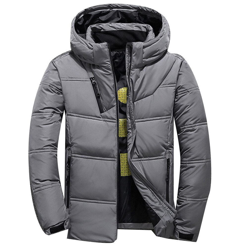 Men's Winter Solid Color Zipper Warm Hooded Down Jacket Outdoor Sport Parka Coat Top: Light Gray / XL