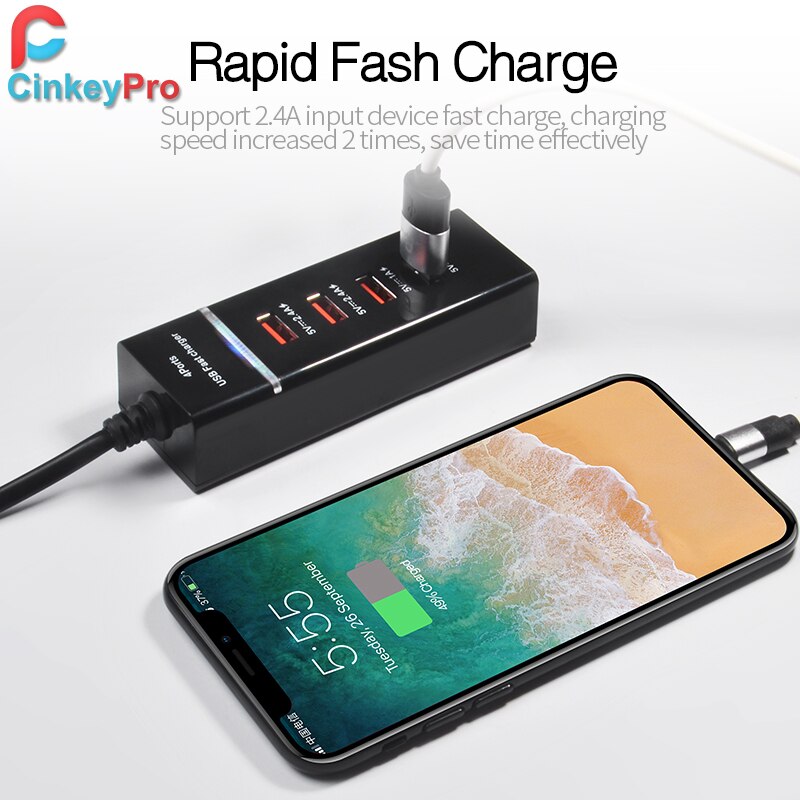 CinkeyPro 4-Ports USB Charger with LED Light Table Adapter Mobile Phone Fast Charging for iPhone iPad Samsung Universal
