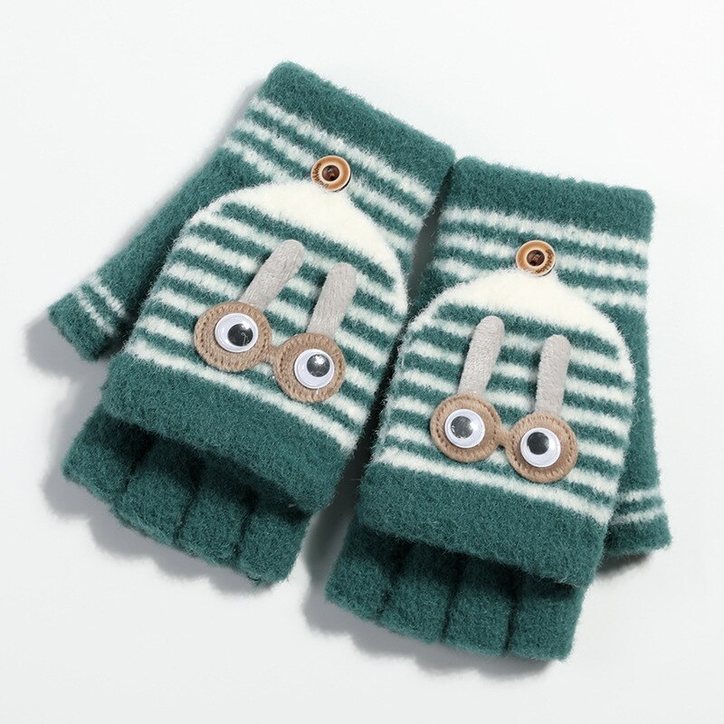 Balleenshiny Kinderen Handschoenen Kids Wanten Winter Plus Fluwelen Warme Tas Vinger Cartoon Gestreepte Half Vinger Gebreide Handschoenen: green
