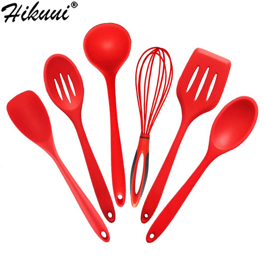 Utensilios de cocina de silicona de grado alimenticio, utensilios de cocina de nailon para cuchara, espátula, cucharón, batidores de huevos, 6 unids/set por juego