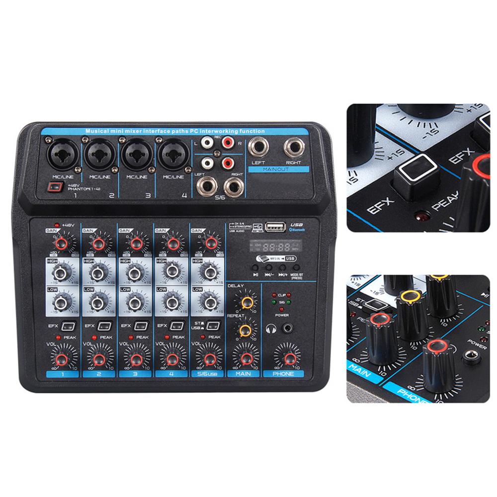 Mezclador de Audio de seis canales con interfaz USB, Bluetooth, consola de mezcla de sonido Phantom Power de 48V para grabación de DJ y PC