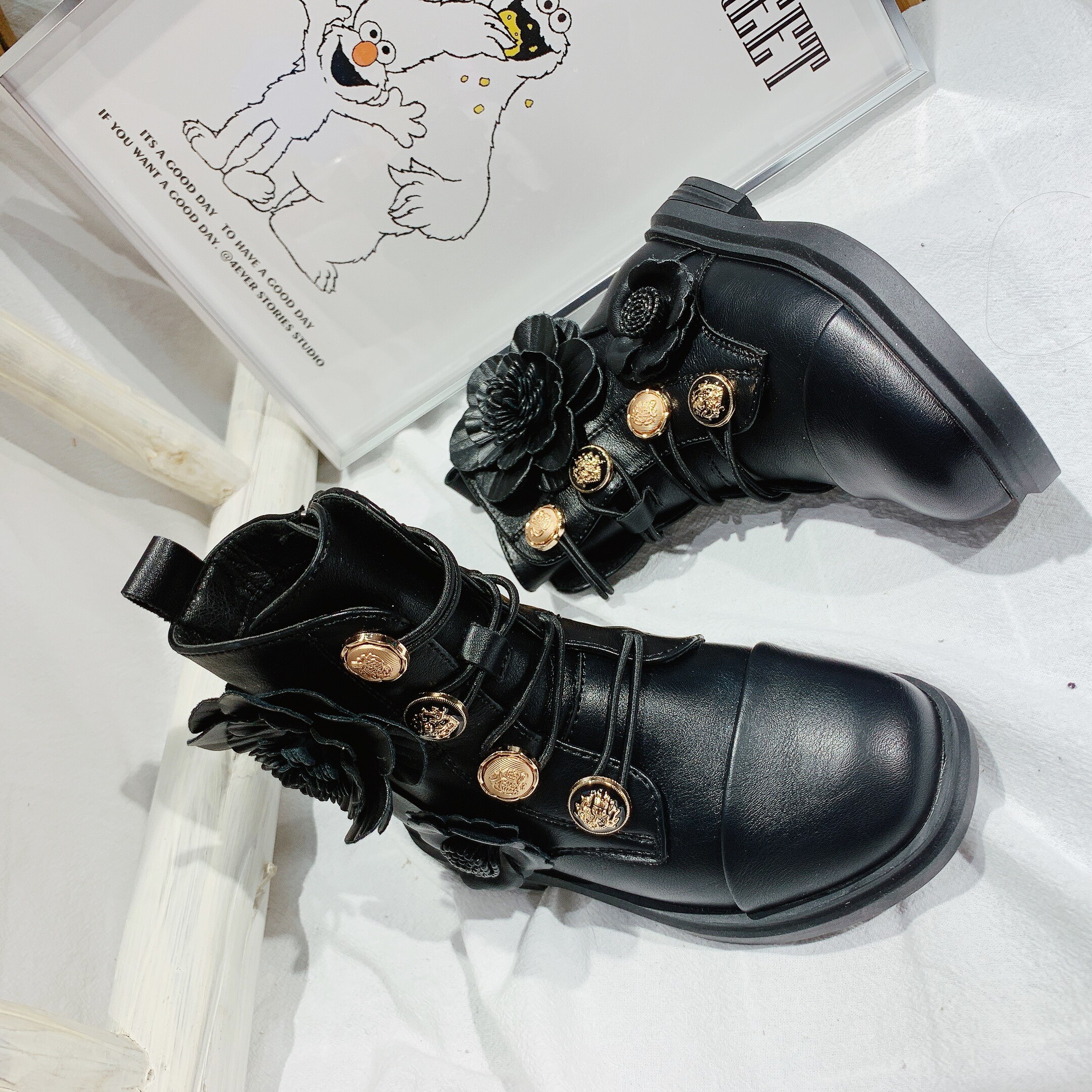 Inverno crianças botas do bebê meninas botas de couro genuíno crianças flor vestido sapatos preto princesa botas moda marca tornozelo sapato novo