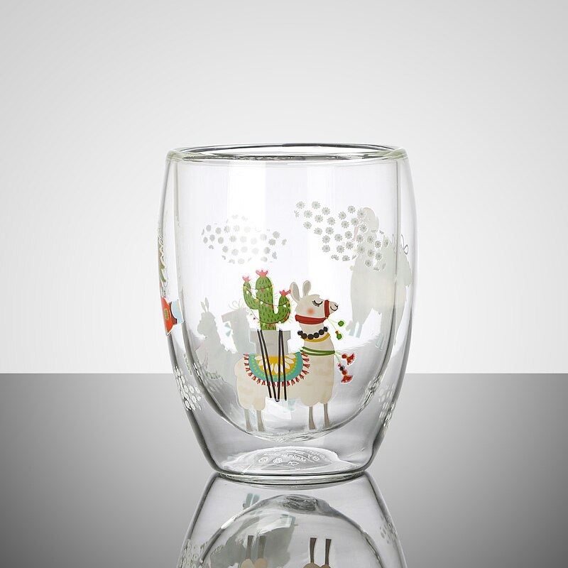 Jultryck glas mugg handtag dubbelskikt isolering tjock glas kopp jul dekor muggar hem vatten koppar värmebeständigt