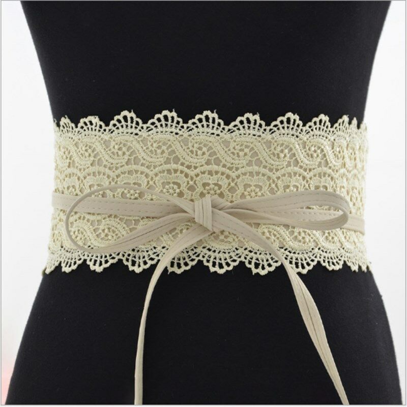 Women Lady Stretch Buckle Waist Belt Wide Lace Elastic Waistband Wide Corset Lace Belt Female Wedding Dress Waist Band: khaki