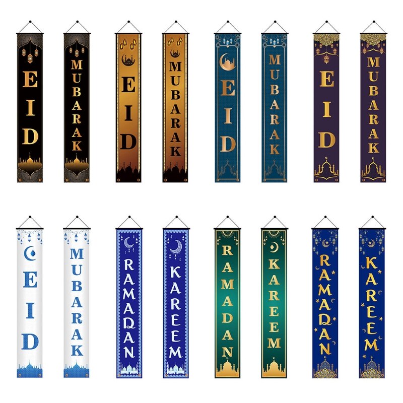 2Pcs Eid Mubarak Porch Banner Ramadan Kareem Front Door Flag Hanging Sign Decor H051