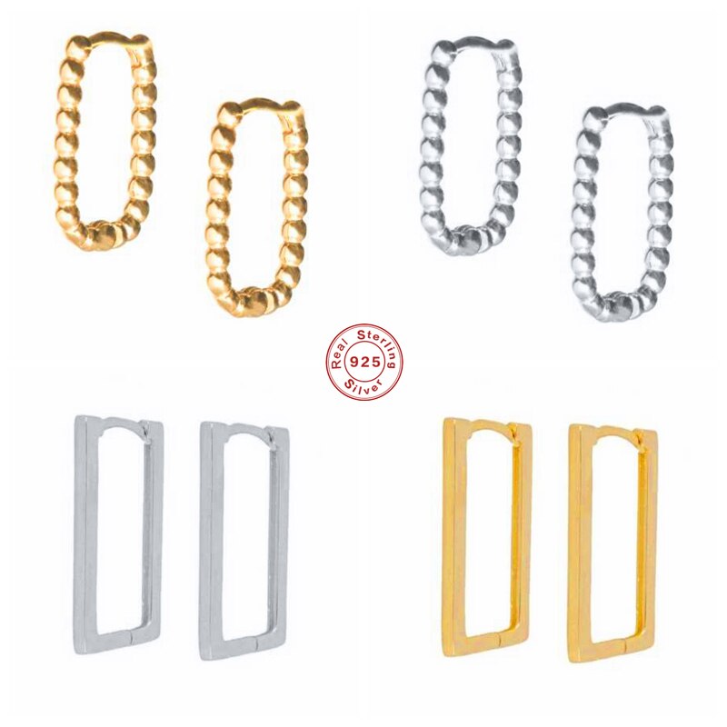 GS 925 Sterling Silver Minimalist Square Rectangle Gold Hoop Earrings For Women Chic Geometric Beads Huggie Earring Jewelry
