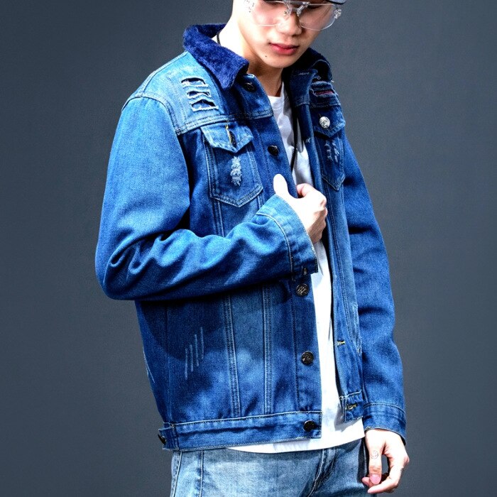 men with winter wool denim jacket youth hole patch denim jacket