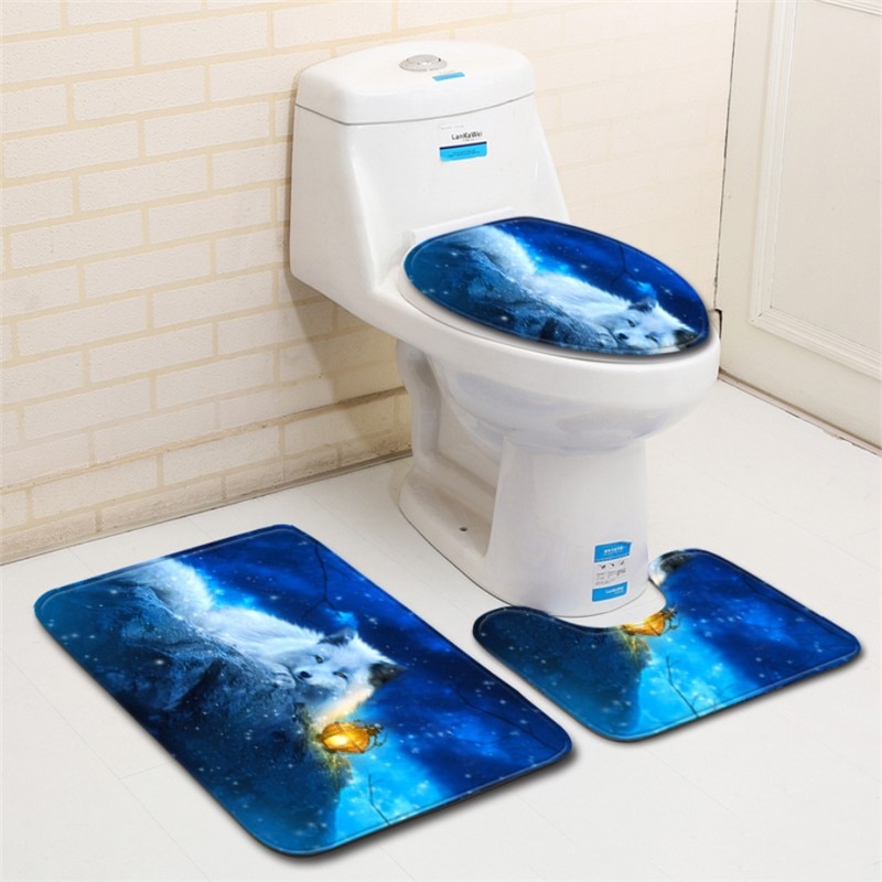 3 stk / sæt 3d ræv mønster vandtæt bademåtte kontur piedestal tæppe låg toiletdæksel tæppe badeværelset sæt