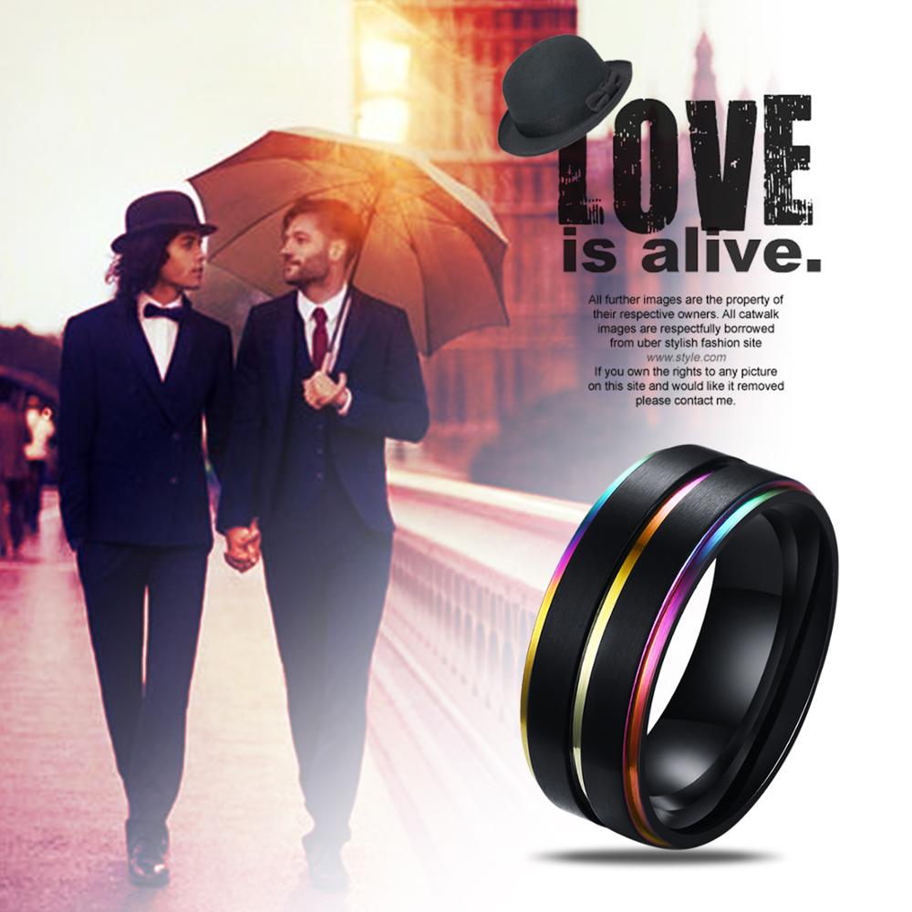 BONISKISS Stainless Steel Enamel Rainbow LGBT Pride Ring For Lesbian Gay Wedding Engagement Men Jewelry 8mm Wide