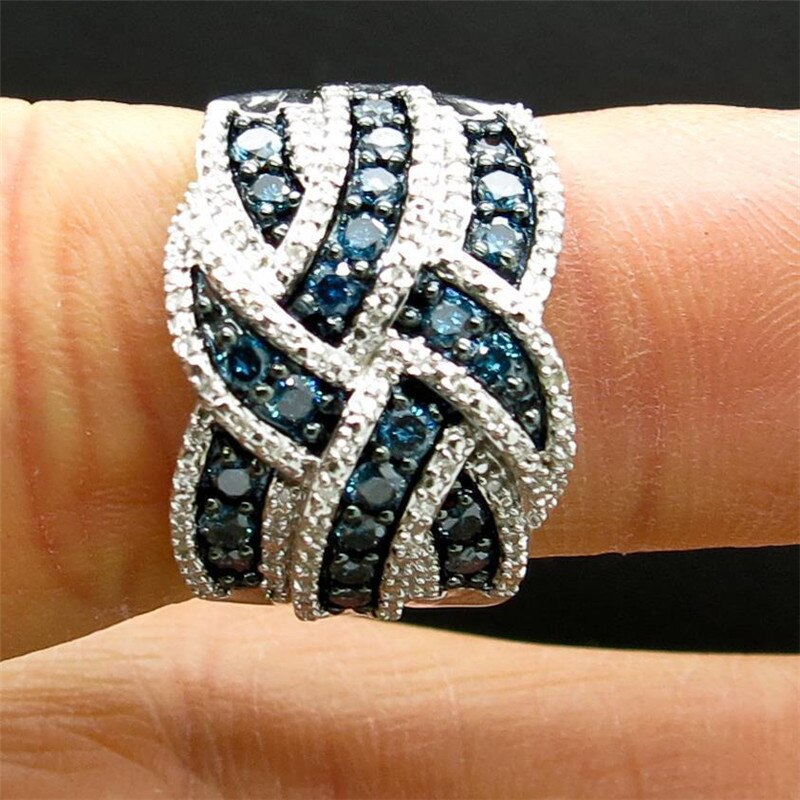 Vintage Blue Crystal Ringen Voor Vrouwen Sieraden Zilveren Vinger Ring Dames Multilayer Luxe Ringen Vrouwelijke Cross Engagement Ring
