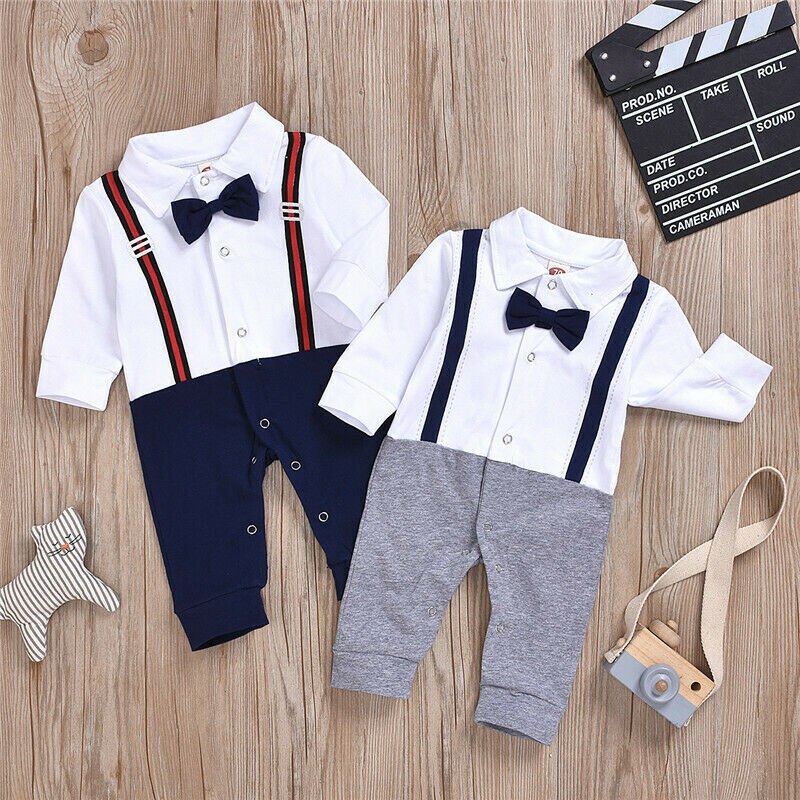 Kids Baby Jongens Gentleman Kleding Lange Mouw Knop Katoen Strik Jumpsuit Romper Herfst Outfits 0-24M