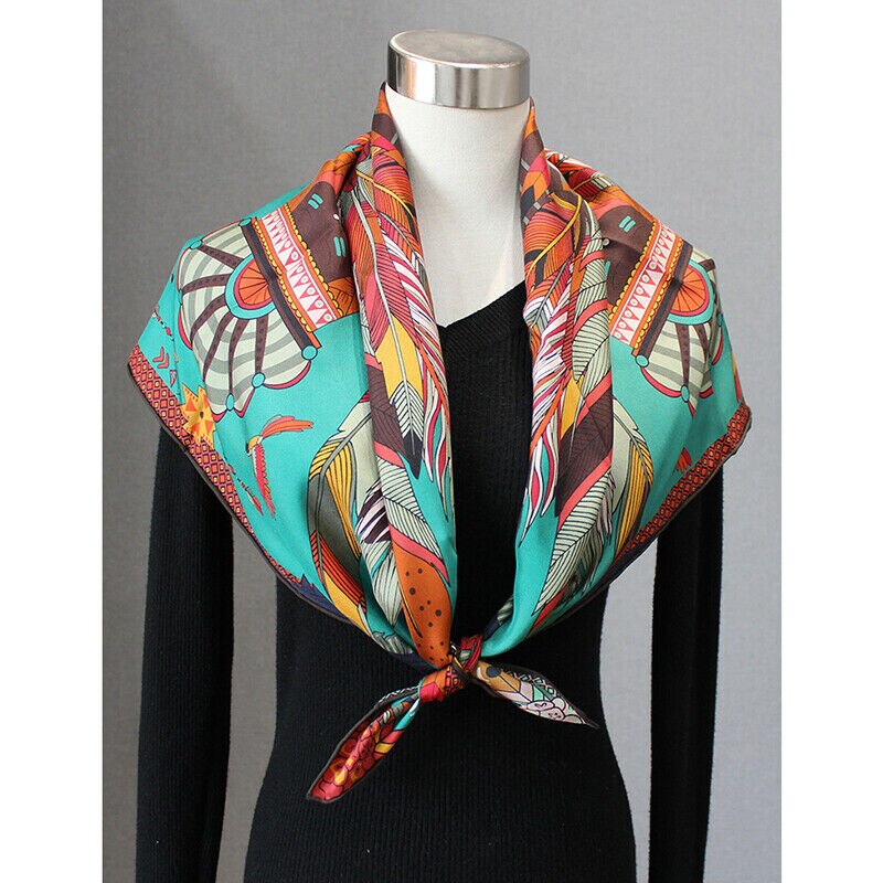 Foulard en soie sergé 100% pour hommes et femmes, 90x90cm, , Style Tribal aztèque, Double face, plume, châle, Hijab