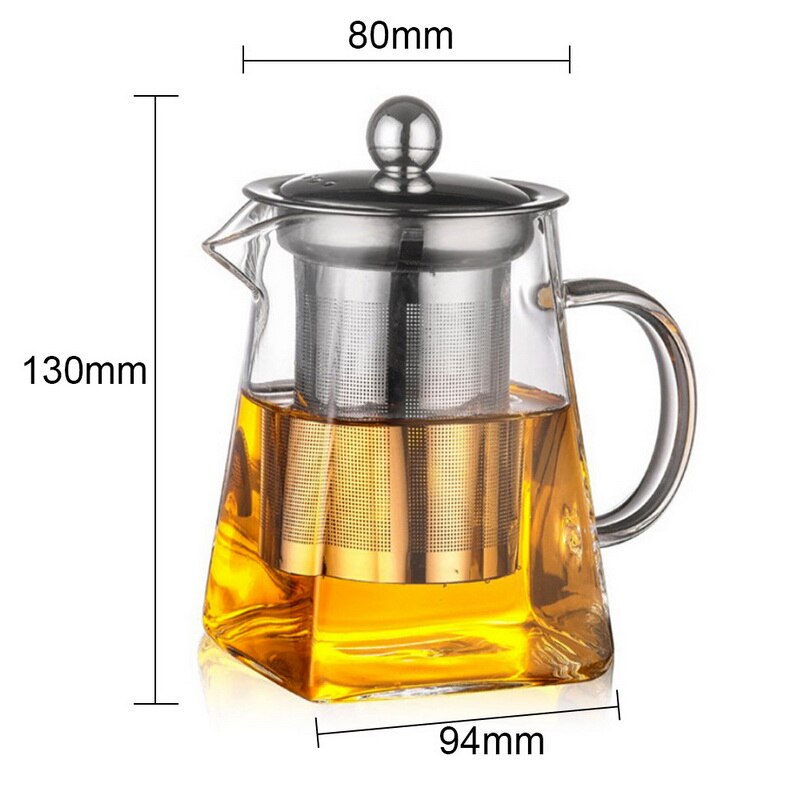 Hittebestendig Glas Theepot Met Roestvrijstalen Theefilter Verwarmde Container Thee Pot Goede Clear Ketel Vierkante Filter Manden: 750ml