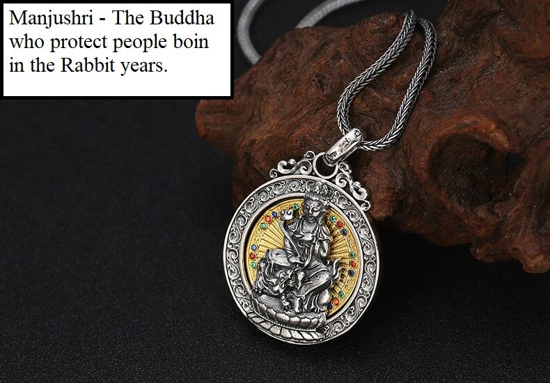 100% 925 silber Acht Buddha Statue Anhänger 925 Sterling Buddhistischen Buddha Anhänger die Chinesische Sternzeichen Gute Luck Amulett Anhänger: Manjushri Rabbit