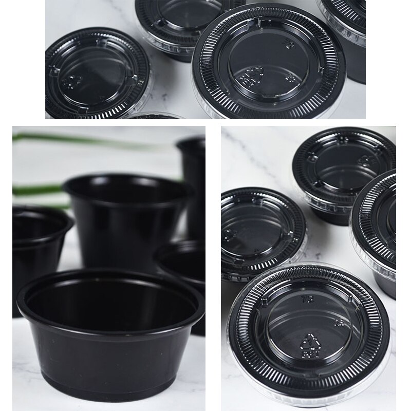 Black disposable sauce cup with lid Salad Ketchup container Snack bar takeaway supermarket tasting essential.