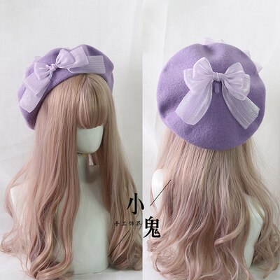 Japanse Kawaii Baret Hoed Lolita Tiener Hart Zoete Wollen Handgemaakte Cute Lace Strik Warme Herfst Winter Schilder Hoed Hoofdtooi
