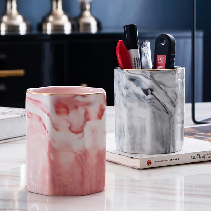 Nordisk stil marmor makeup borsthållare pennhållare skrivbord organiserare keramisk burk förvaringstank dekoration för kontor bord skrivbord