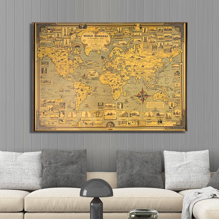 World Wonders Architectural Miracle Landmark Map Kraft Retro Paper Poster HD Printing Geography Classroom Wall Sticker Decor