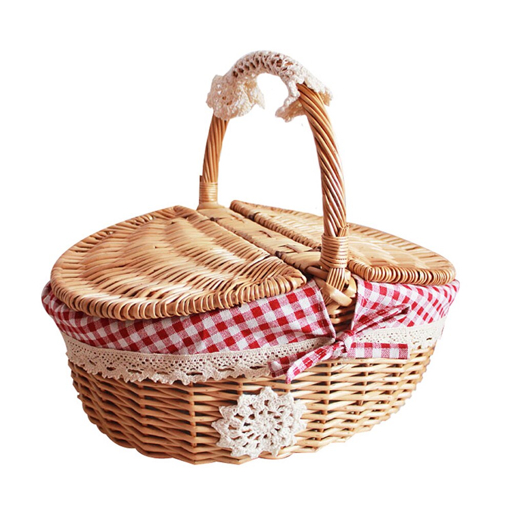 Grand panier de pique-nique en osier fait à la main avec poignée, panier de rangement à Double couvercle pour Camping pique-nique en osier tissé: B
