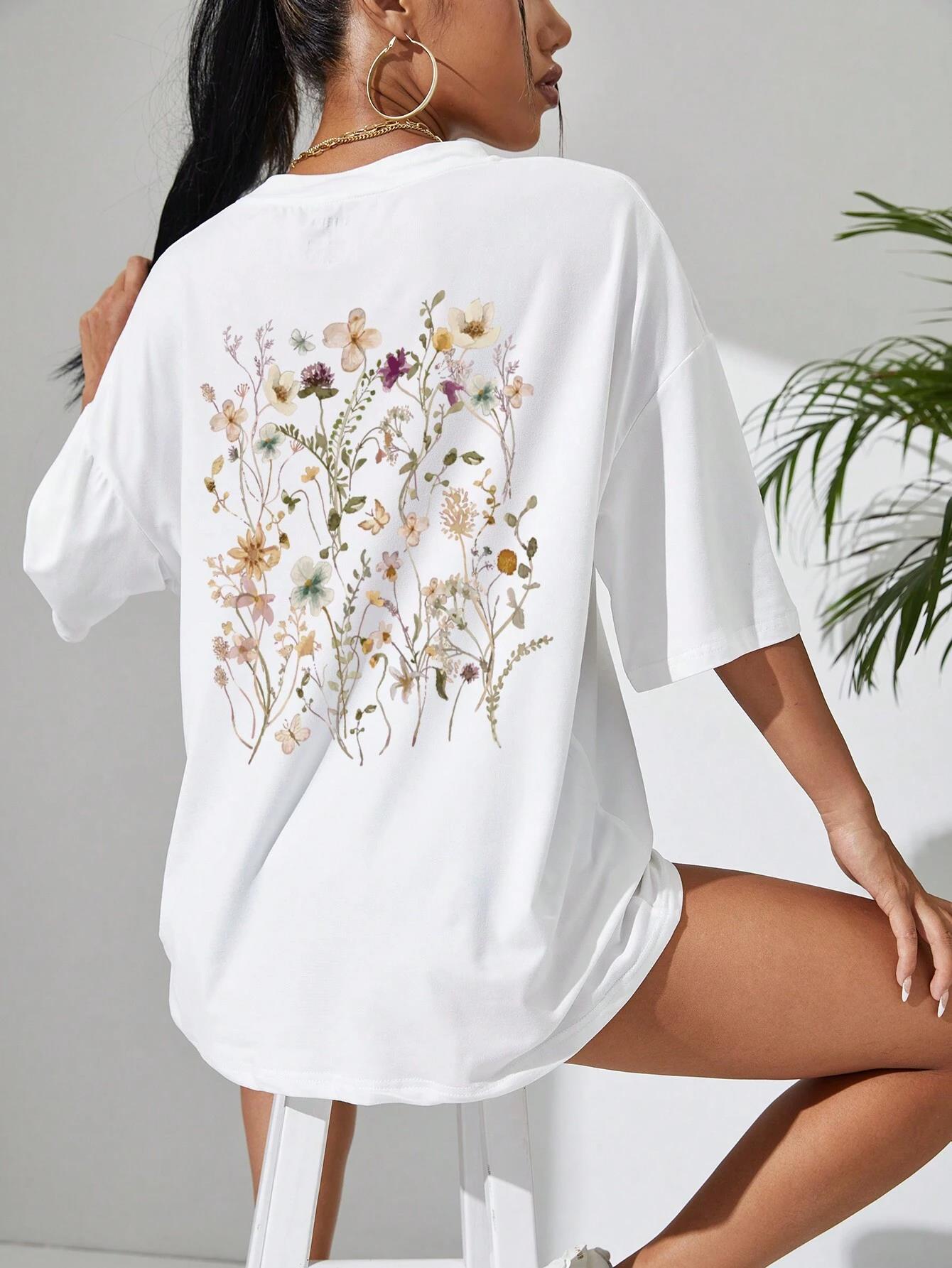 Lindas clusters de flores estampadas de algodão camisetas femininas casuais respiráveis macias manga curta tops soltos e confortáveis roupas de rua