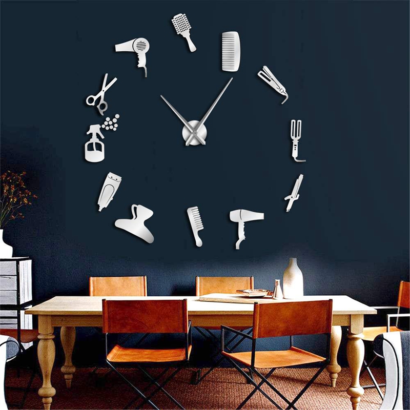 Reloj de pared gigante para barbería, con efecto espejo, kits de herramientas decorativas sin marco, reloj de pared para peluquero, novedad