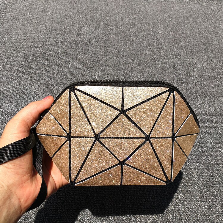 reflective geometric cosmetic bag for women: bling champagne