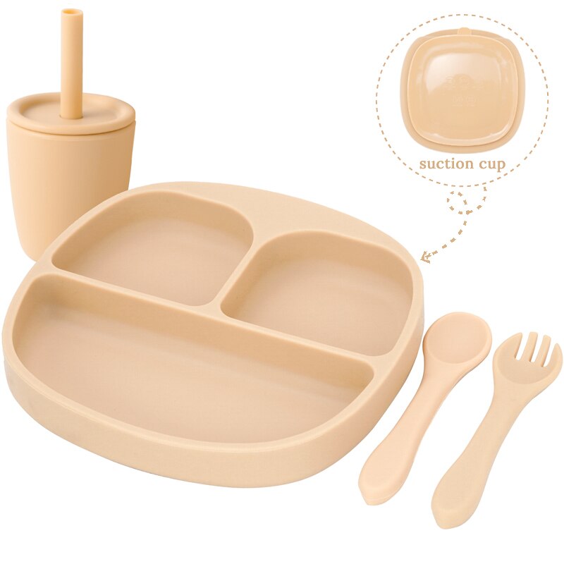 BPA Free Children's Tableware Baby Feeding Solid Food Dinner Set Plates Training Bowl Feeding Dishes Spoon Fork Straw Cup: 01-apricot