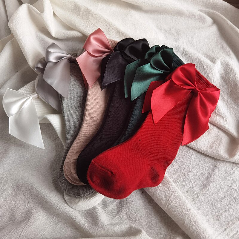 Big Bows Baby Socks Solid Color Spring Summer Kids Girl Knee Socks Soft Cotton Infant Toddler Long Socks