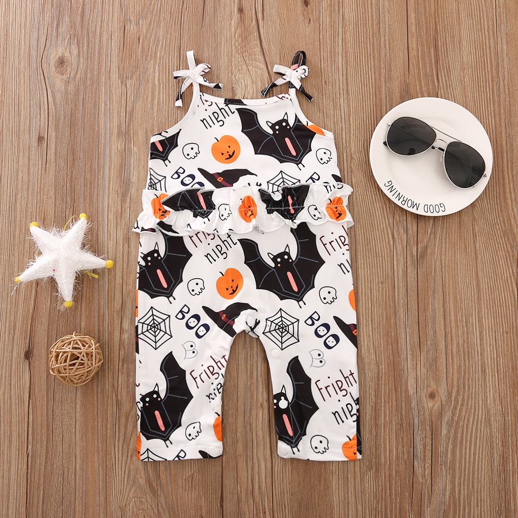 Fokusnorm halloween låve baby jenter takrenne rompers gresskar skrive ut ermeløse kausal jumpsuits 0-24m 4 stil
