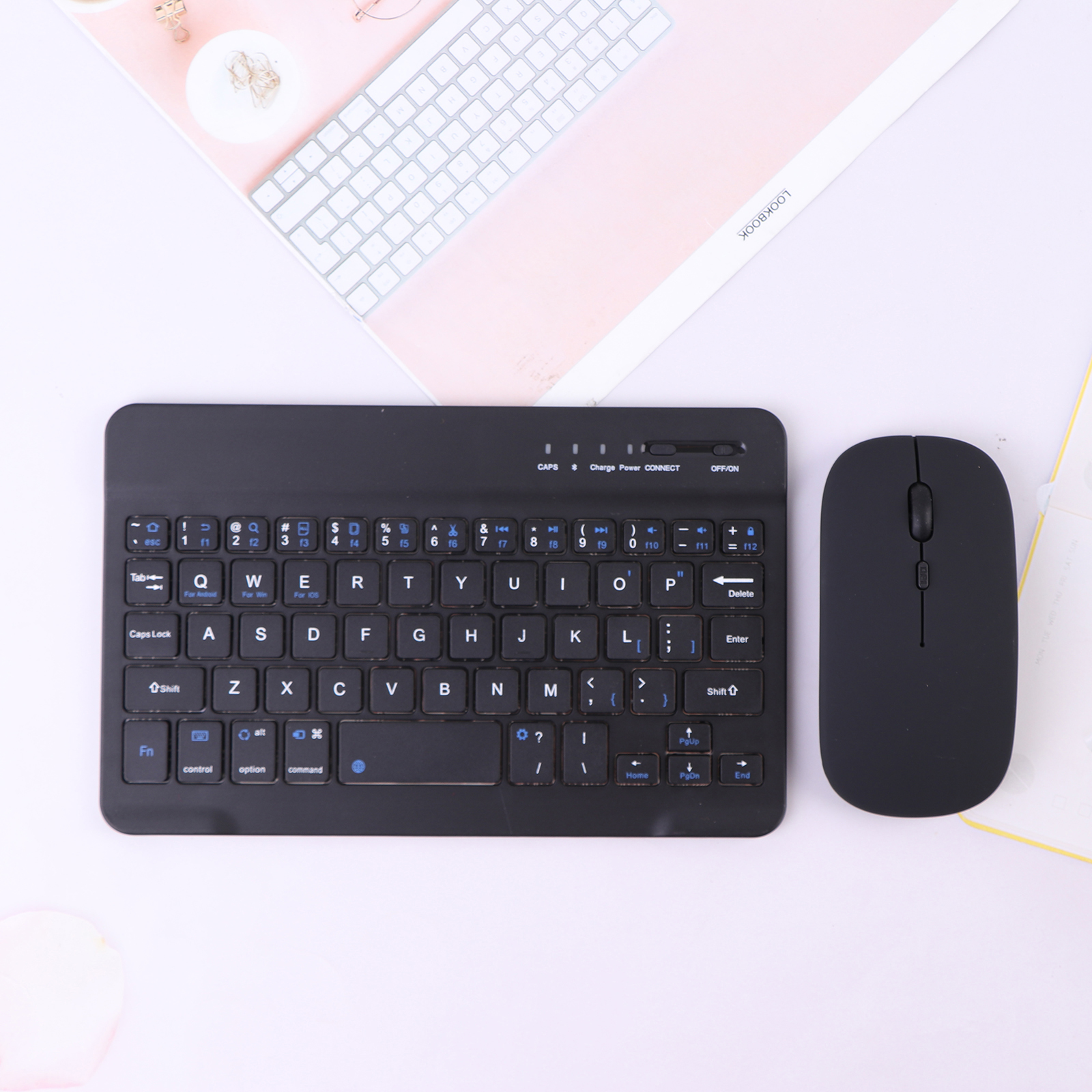 1 Set Wireless Keyboard Mobile Phone Tablet Computer Bluetooth-compatible Keyboard+Mouse Set 20*12.5cm: Black