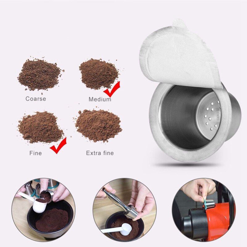 Stainless Steel Metal Reusable for Nespresso Capsule with Press Coffee Grinds Stainless Tamper Coffee Pod for Nespresso Machine