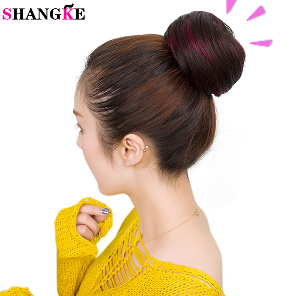 Shangke jenter brunt blondt bollehår chignon syntetisk smultringrulle hårstykker med høy temperatur fiber for kvinner