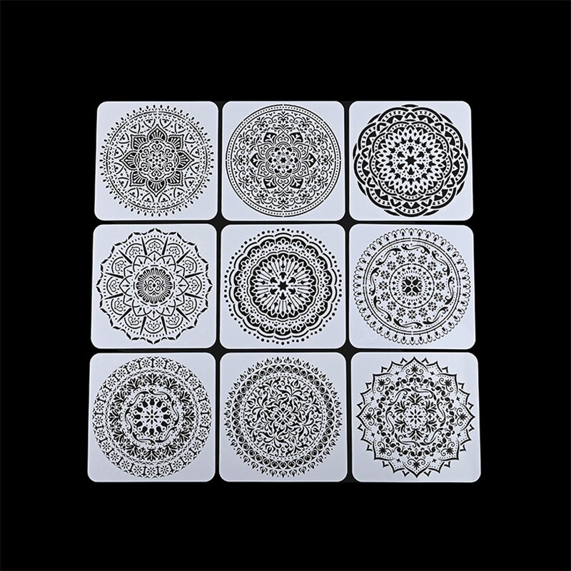 9 Stks/pak 20*20Cm Plastic Stensils Muur Bloem Ronde Geometrische Sjablonen Voor Schilderen Stencil Ambachten Grote Mandala Decoratieve
