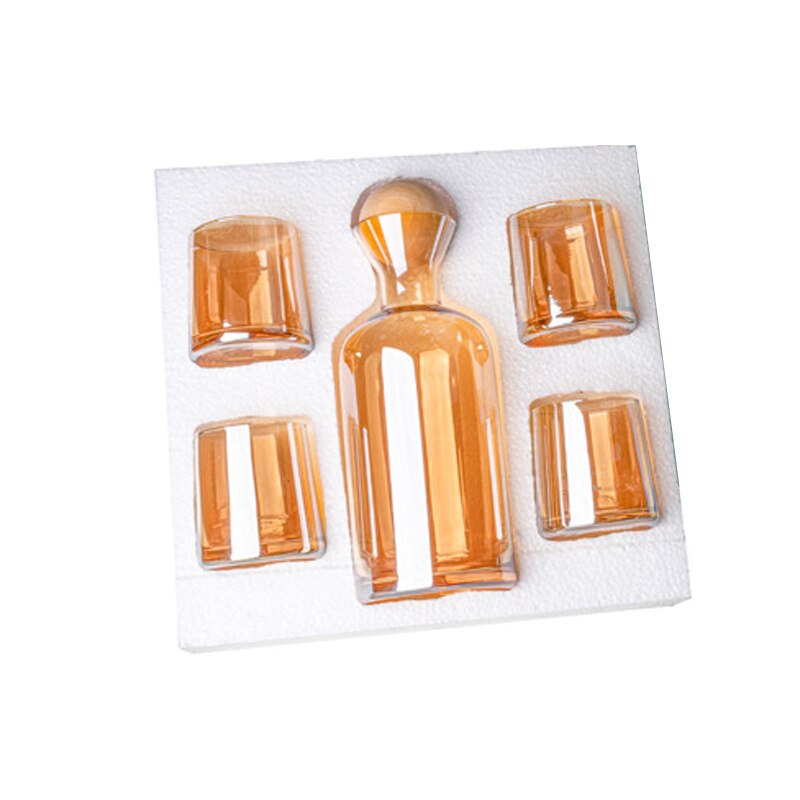 5 Stks/set Water Potten Glazen Karaf Set Houten Deksel Karaf Pitcher Wijn Whisky Bier Sap Set Drinkwater Waterkokers: Amber 5pcs