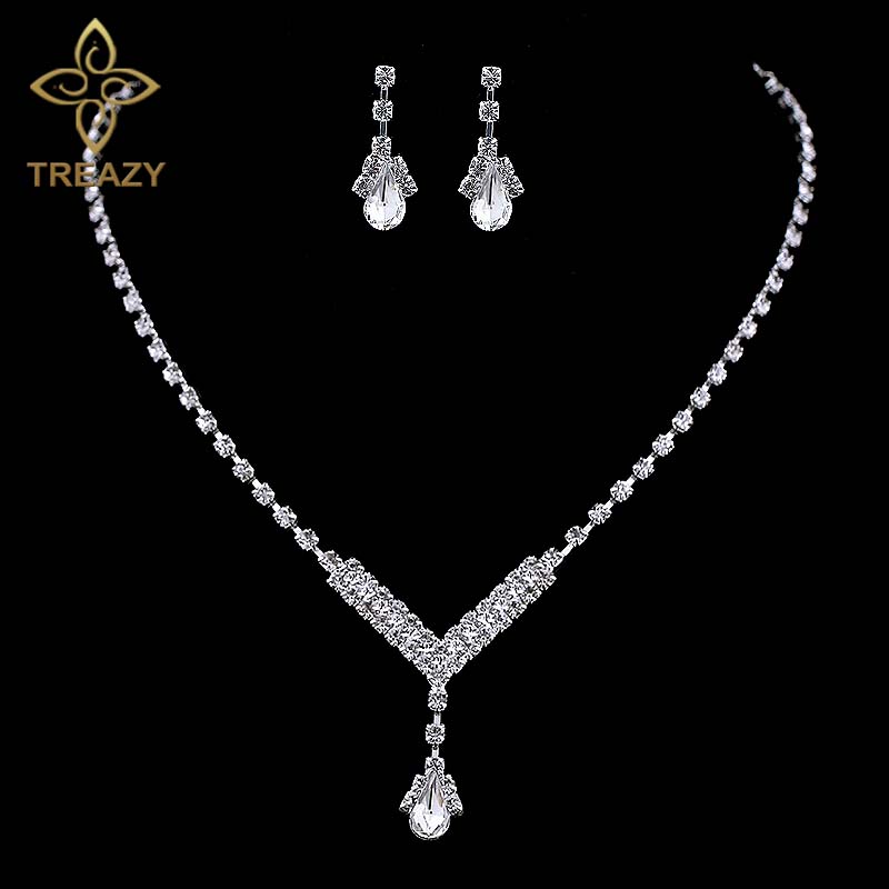 TREAZY Simple V Shape Teardrop Bridal Bridesmaid Jewelry Sets Crystal Wedding Jewelry Necklace Earrings Set for Women