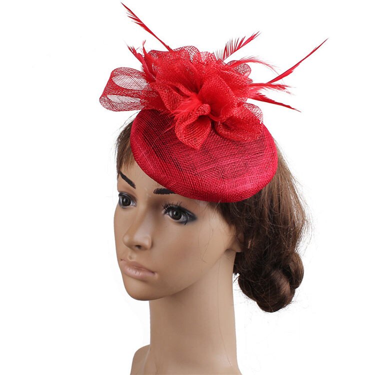 FS Ladies Hats Fascinator Feather Wedding Hat British Retro Top Hat Bridal Church Fedora Pillbox Hat Chapeau Femme: Red