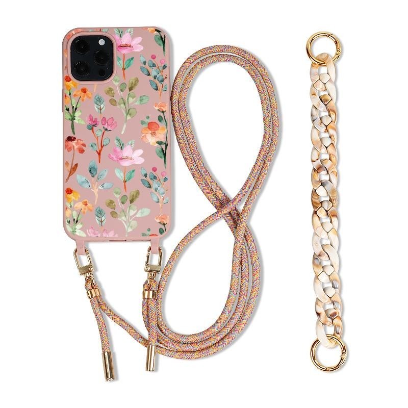 Funda de cadena de lujo para iPhone 16 SE4 15 Pro max 14 13 12 11 XSM XR XS 6 7 8 funda de teléfono cruzada con correa Plaint cubierta de flores: Para iPhone 15