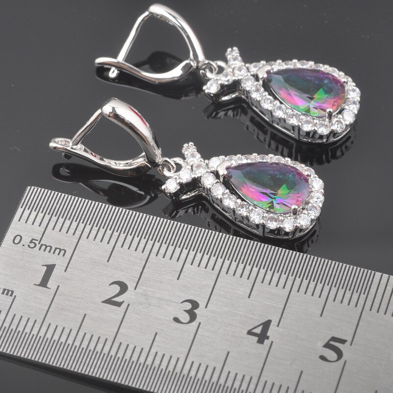 Water Dtrop – ensemble de bijoux pour femmes, couleur argent, zircone arc-en-ciel, Bracelet, pendentif, boucle d'oreille, de mariée, QS0572