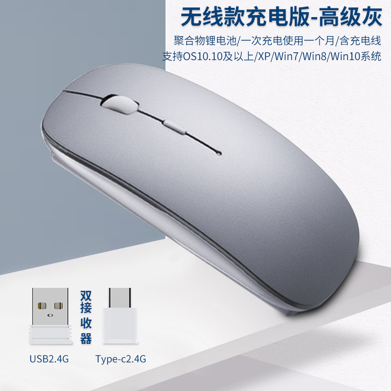 Charging Type-c Wireless Mouse +USB Dual Receiver Mute Ergonomic 1000/1200/1600 Three-speed DPI: PURPLE
