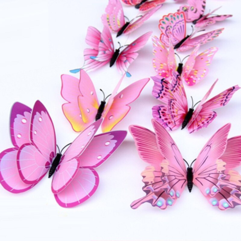 12Pcs 3D Vlinder Muurstickers Roze Levendige Vlinder Wanddecoratie Kid Room Decor Stickers Stereoscopische Slaapkamer Decor