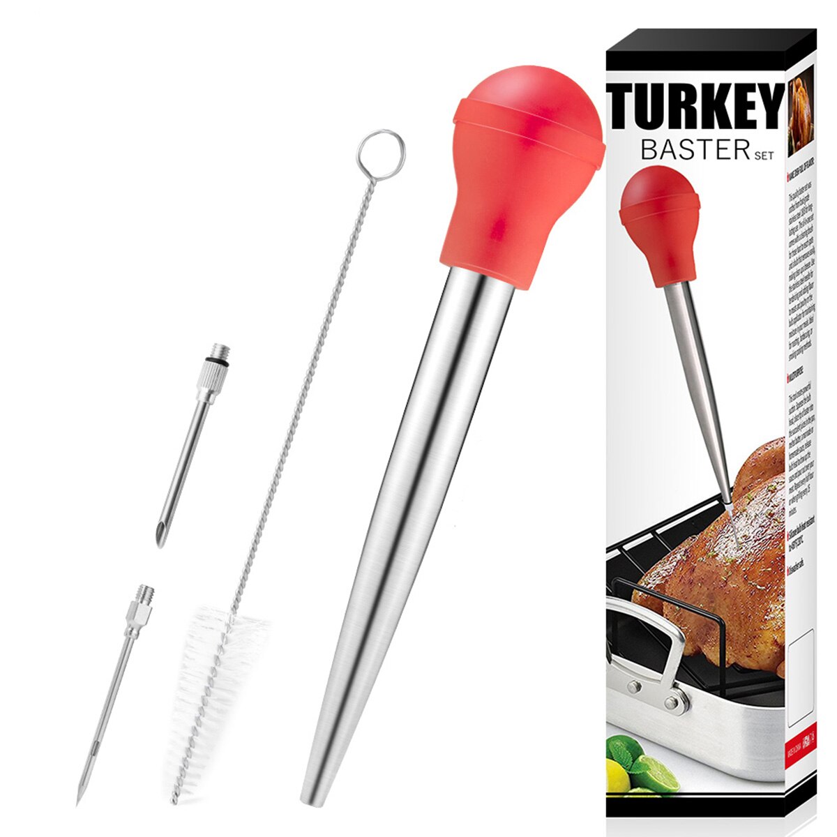 Kalkun baster sett, rustfritt stål baster injektor nål rengjøringsbørste grillutstyr (rød, svart)